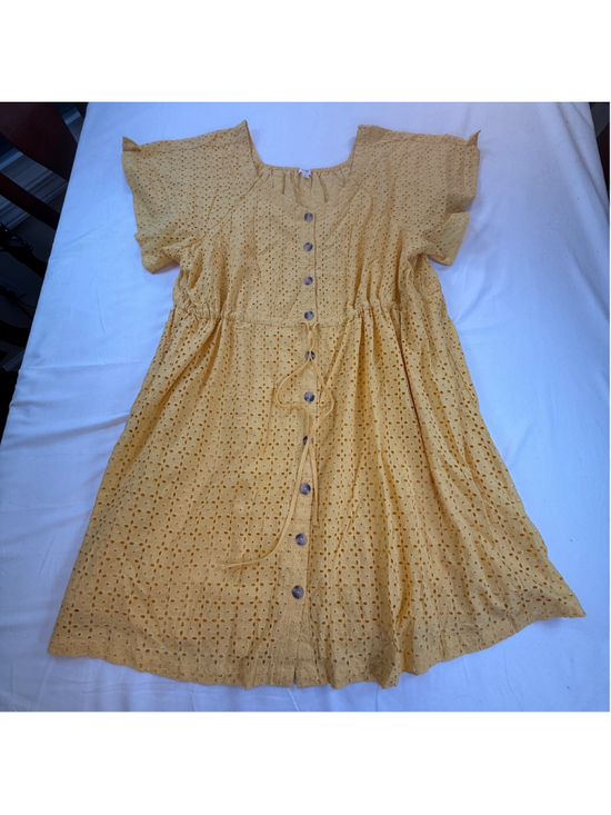 Terra & Sky Dresses & Skirts - Terra & Sky Eyelet Midi Dress 2X Yellow Button Front Cottagecore Boho Plus Size